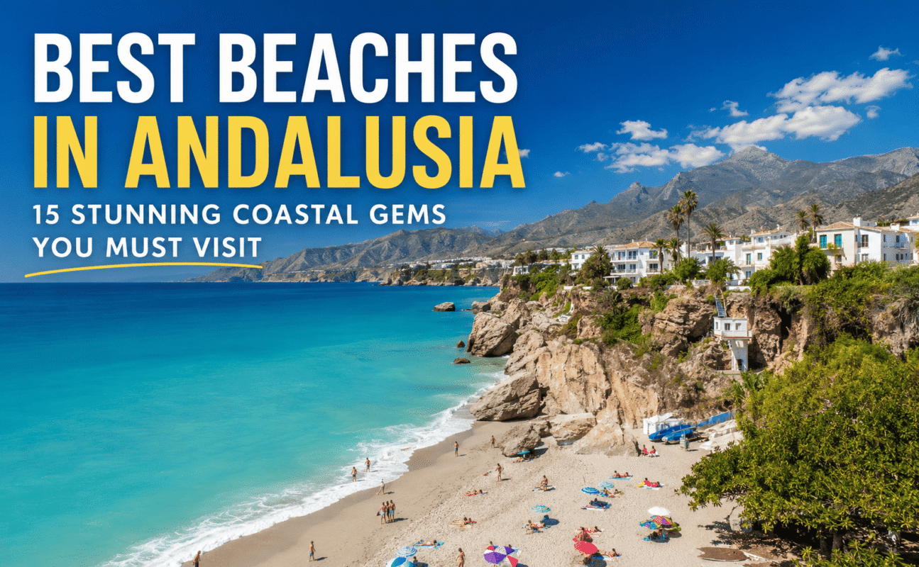 Golden sandy beach with turquoise Mediterranean water on the Andalusian coast in southern Spain