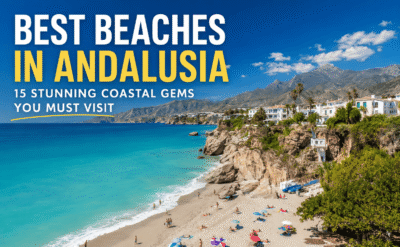 Golden sandy beach with turquoise Mediterranean water on the Andalusian coast in southern Spain