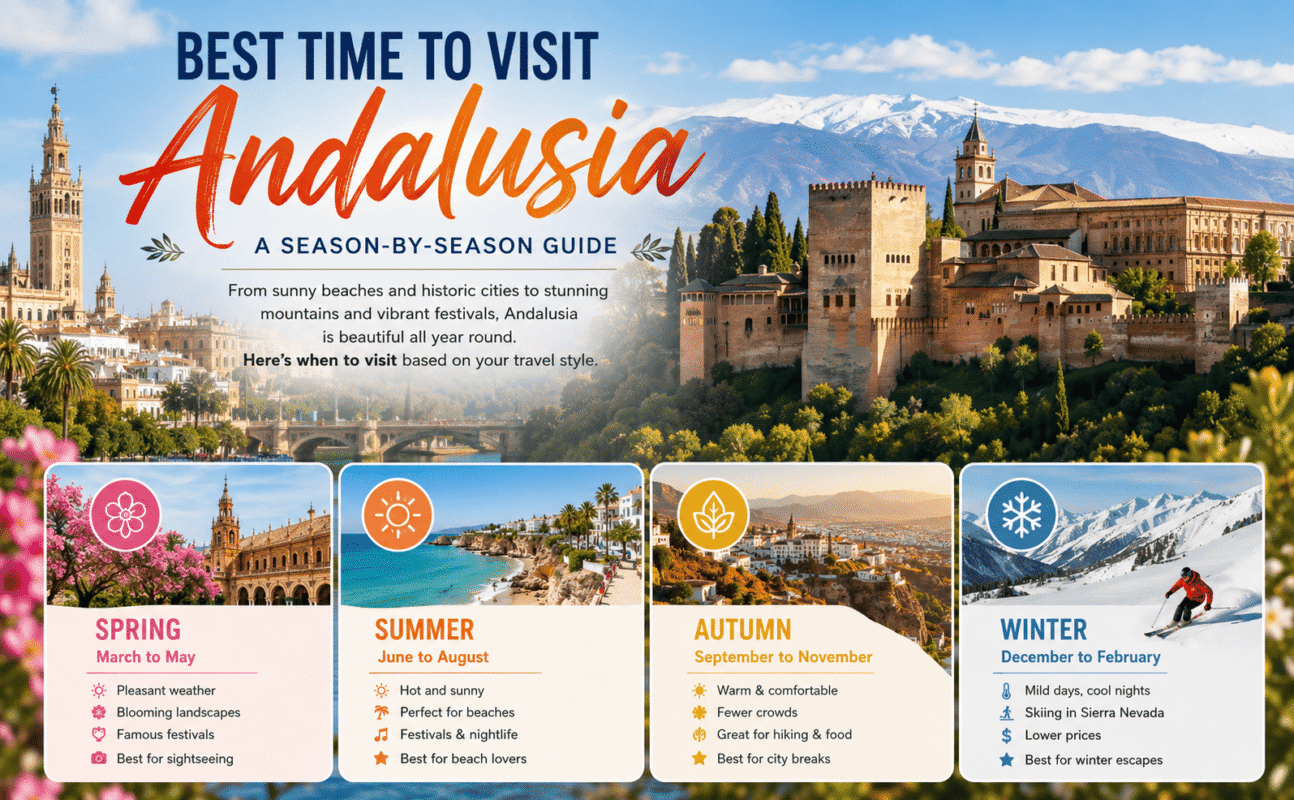 Beautiful Andalusian landscape during spring with blooming flowers, sunshine, and historic white villages