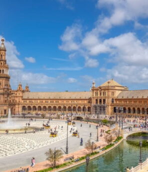 Iconic destinations in Andalusia including Seville, Granada, Ronda, white villages, and Mediterranean beaches