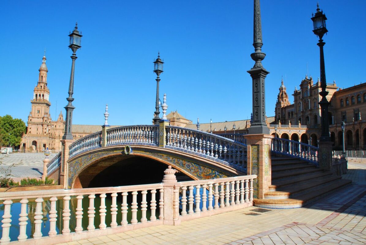 One of the four ornate bridges crossing the canal at Plaza de España in Seville