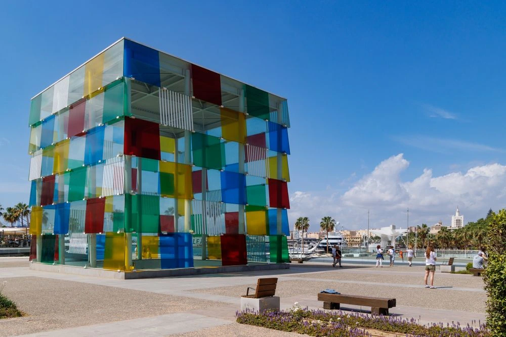 Centre Pompidou Málaga, Spain Colorful glass cube of Centre Pompidou Málaga at the city waterfront