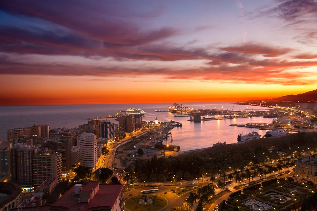 Sunset Over Málaga, Spain Golden sunset over Málaga city and the Mediterranean Sea in Andalusia, Spain